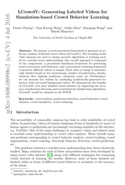 LCrowdV: Generating Labeled Videos for Simulation-based Crowd Behavior
  Learning