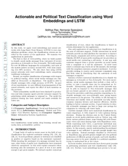 Actionable and Political Text Classification using Word Embeddings and
  LSTM