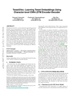 Tweet2Vec: Learning Tweet Embeddings Using Character-level CNN-LSTM
  Encoder-Decoder