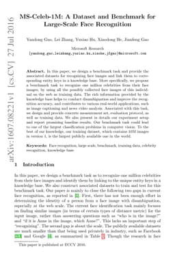 MS-Celeb-1M: A Dataset and Benchmark for Large-Scale Face Recognition