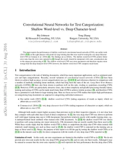 Convolutional Neural Networks for Text Categorization: Shallow
  Word-level vs. Deep Character-level