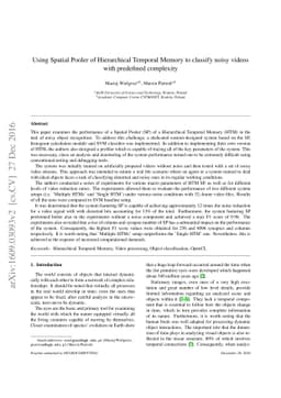 Using Spatial Pooler of Hierarchical Temporal Memory to classify noisy
  videos with predefined complexity