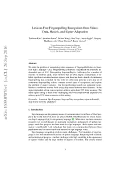 Lexicon-Free Fingerspelling Recognition from Video: Data, Models, and
  Signer Adaptation