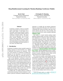 Deep Reinforcement Learning for Mention-Ranking Coreference Models
