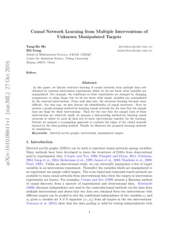 Causal Network Learning from Multiple Interventions of Unknown
  Manipulated Targets
