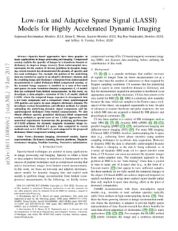 Low-rank and Adaptive Sparse Signal (LASSI) Models for Highly
  Accelerated Dynamic Imaging