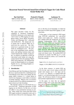 Recurrent Neural Network based Part-of-Speech Tagger for Code-Mixed
  Social Media Text