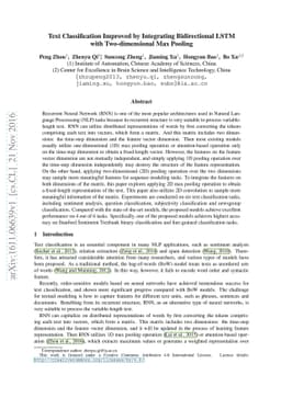 Text Classification Improved by Integrating Bidirectional LSTM with
  Two-dimensional Max Pooling