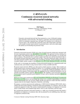 C-RNN-GAN: Continuous recurrent neural networks with adversarial
  training
