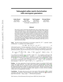 Subsampled online matrix factorization with convergence guarantees