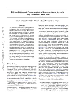Efficient Orthogonal Parametrisation of Recurrent Neural Networks Using
  Householder Reflections