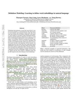 Definition Modeling: Learning to define word embeddings in natural
  language