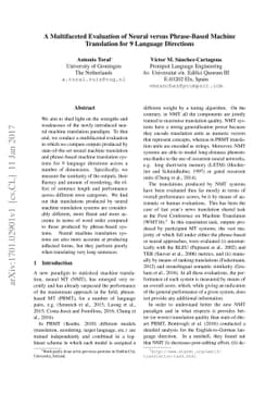 A Multifaceted Evaluation of Neural versus Phrase-Based Machine
  Translation for 9 Language Directions