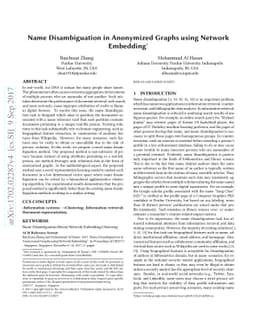 Name Disambiguation in Anonymized Graphs using Network Embedding