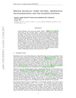 Offline bilingual word vectors, orthogonal transformations and the
  inverted softmax