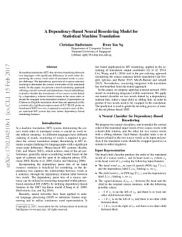 A Dependency-Based Neural Reordering Model for Statistical Machine
  Translation