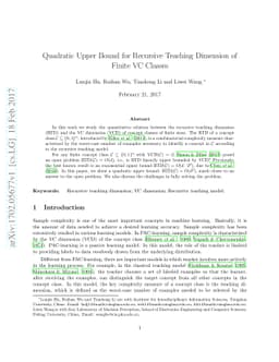 Quadratic Upper Bound for Recursive Teaching Dimension of Finite VC
  Classes