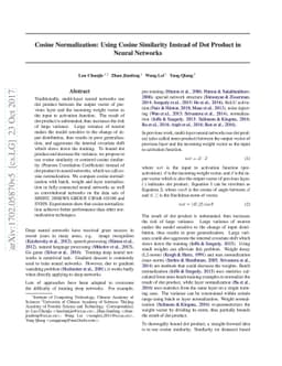 Cosine Normalization: Using Cosine Similarity Instead of Dot Product in
  Neural Networks