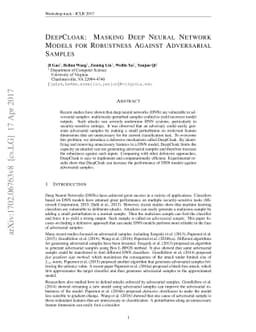 DeepCloak: Masking Deep Neural Network Models for Robustness Against
  Adversarial Samples