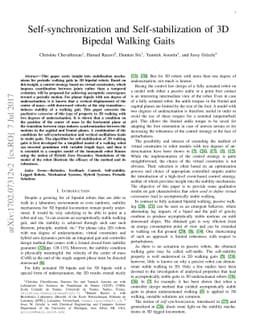 Self-synchronization and Self-stabilization of 3D Bipedal Walking Gaits