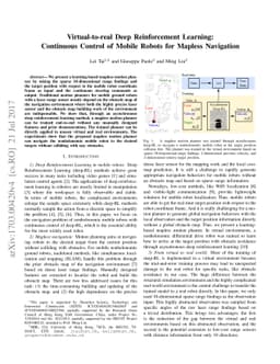 Virtual-to-real Deep Reinforcement Learning: Continuous Control of
  Mobile Robots for Mapless Navigation