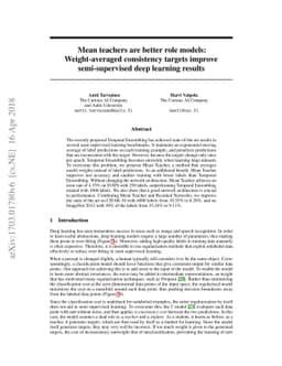Mean teachers are better role models: Weight-averaged consistency
  targets improve semi-supervised deep learning results