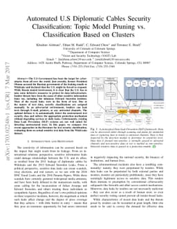 Automated U.S Diplomatic Cables Security Classification: Topic Model
  Pruning vs. Classification Based on Clusters