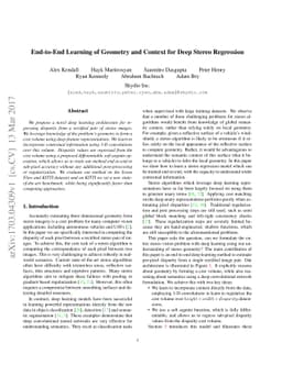 End-to-End Learning of Geometry and Context for Deep Stereo Regression