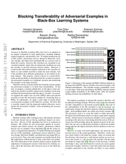 Blocking Transferability of Adversarial Examples in Black-Box Learning
  Systems