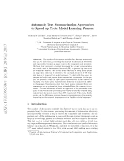 Automatic Text Summarization Approaches to Speed up Topic Model Learning
  Process