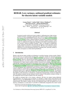 REBAR: Low-variance, unbiased gradient estimates for discrete latent
  variable models