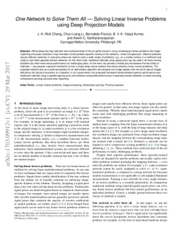 One Network to Solve Them All --- Solving Linear Inverse Problems using
  Deep Projection Models