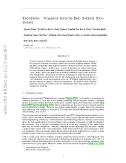 Tacotron: Towards End-to-End Speech Synthesis