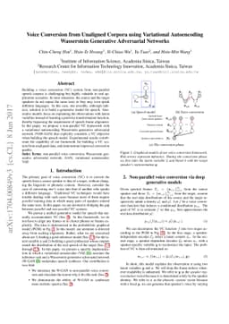 Voice Conversion from Unaligned Corpora using Variational Autoencoding
  Wasserstein Generative Adversarial Networks