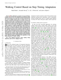 Walking Control Based on Step Timing Adaptation