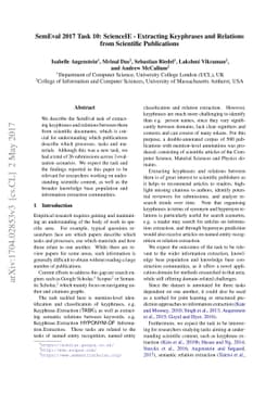 SemEval 2017 Task 10: ScienceIE - Extracting Keyphrases and Relations
  from Scientific Publications
