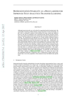Representation Stability as a Regularizer for Improved Text Analytics
  Transfer Learning