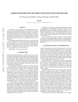 Mobile Keyboard Input Decoding with Finite-State Transducers