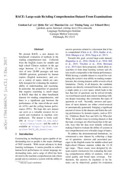 RACE: Large-scale ReAding Comprehension Dataset From Examinations