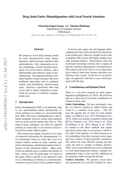 Deep Joint Entity Disambiguation with Local Neural Attention