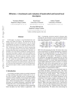 HPatches: A benchmark and evaluation of handcrafted and learned local
  descriptors