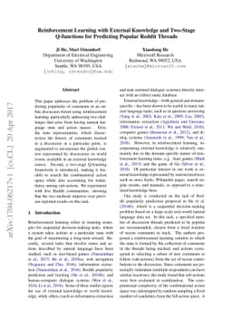 Reinforcement Learning with External Knowledge and Two-Stage Q-functions
  for Predicting Popular Reddit Threads