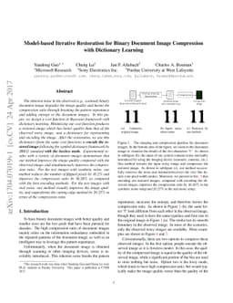 Model-based Iterative Restoration for Binary Document Image Compression
  with Dictionary Learning