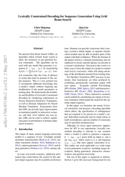 Lexically Constrained Decoding for Sequence Generation Using Grid Beam
  Search