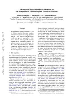 A Recurrent Neural Model with Attention for the Recognition of Chinese
  Implicit Discourse Relations