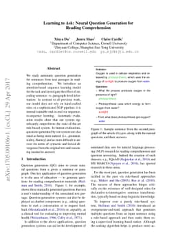 Learning to Ask: Neural Question Generation for Reading Comprehension