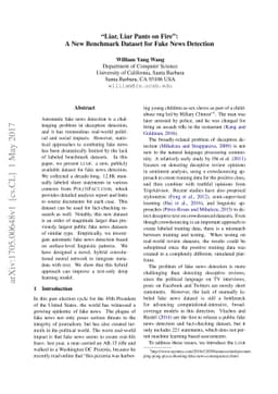 "Liar, Liar Pants on Fire": A New Benchmark Dataset for Fake News
  Detection
