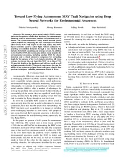 Toward Low-Flying Autonomous MAV Trail Navigation using Deep Neural
  Networks for Environmental Awareness