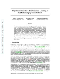 Experimental results : Reinforcement Learning of POMDPs using Spectral
  Methods