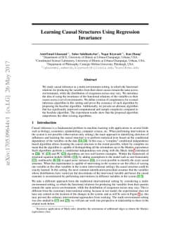 Learning Causal Structures Using Regression Invariance